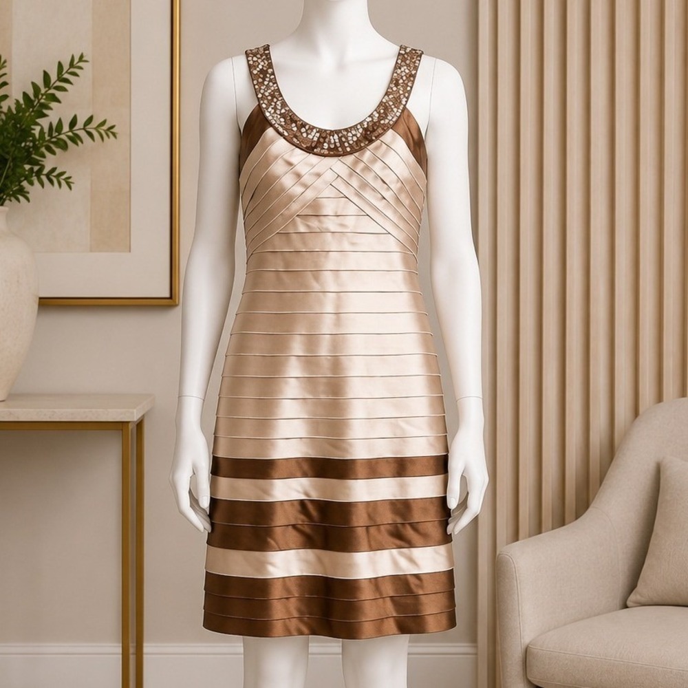 BCBGMAXAZRIA Women Dress Sequin Neck Tiered Satin Bandage Bodycon Gold Brown XS